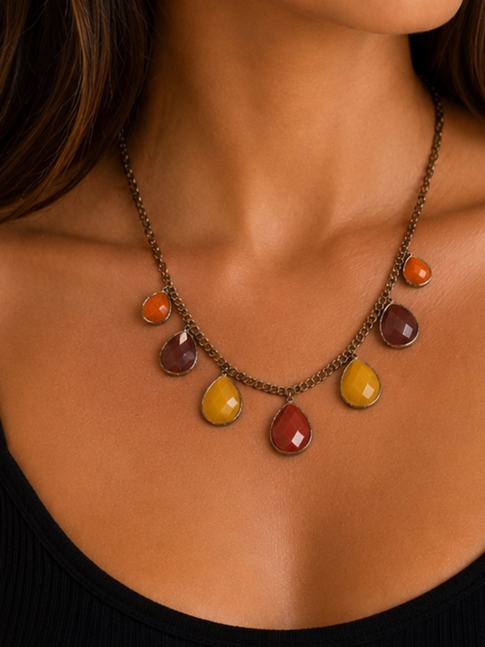 Boho Statement Teardrop Necklace | Orange Mustard Burgundy Gemstone - Picture 2 of 5